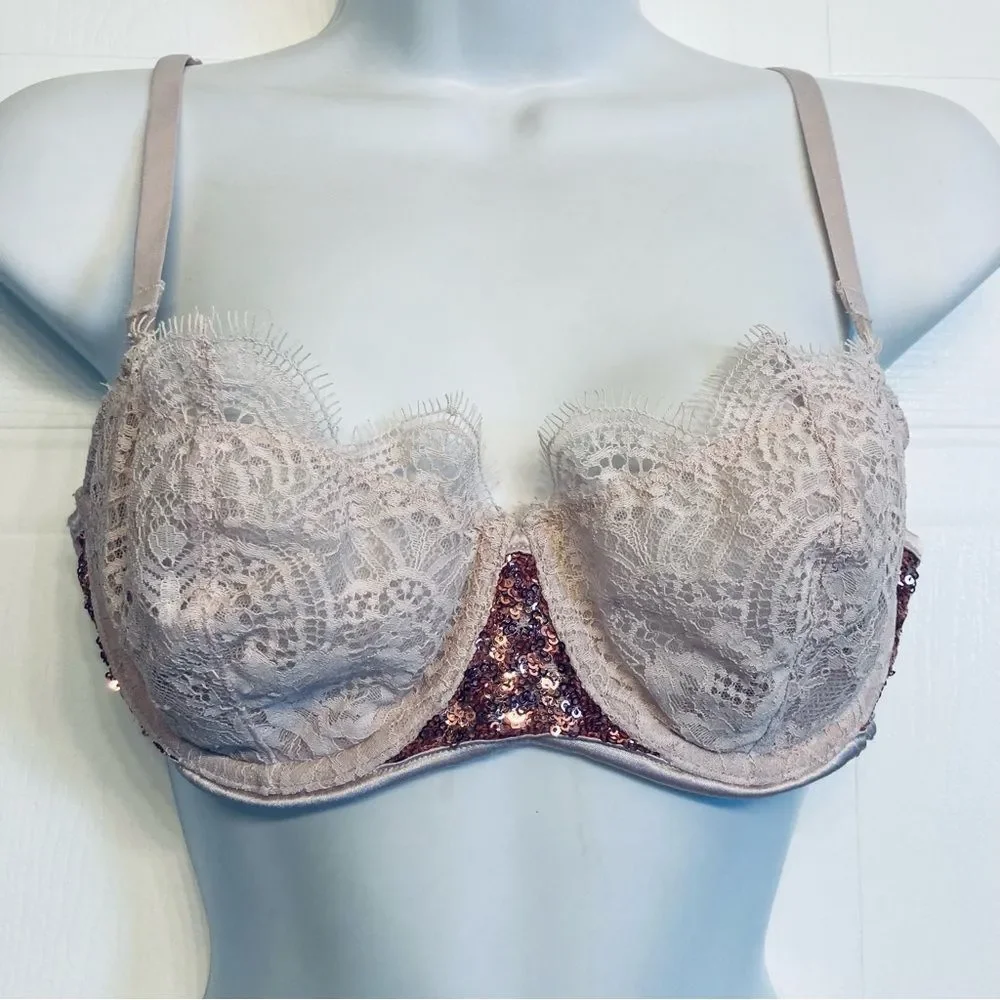 Victoria's Secret Dream Angels Bra Womens 36B Pink Lace Sequin Push Up Underwire